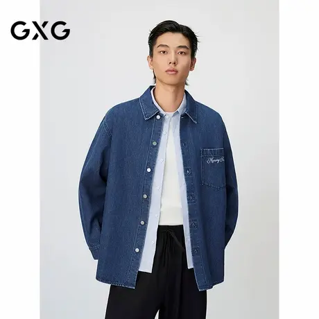 GXG男装 蓝色后背花卉潮流时尚宽松外穿式牛仔衬衫外套 25春品商品大图