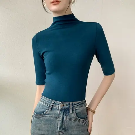 半高领中袖T恤女2024秋季新款修身显瘦纯色西装内搭上衣打底衫商品大图