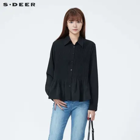 sdeer圣迪奥女装休闲翻领风琴褶垂坠雪纺衬衫S23480502图片
