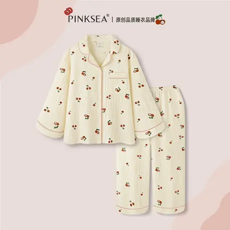 睡衣纯棉布料100全棉纱布女款春秋季长袖长裤樱桃熊猫家居服套装商品大图