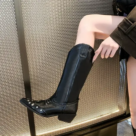 尖头百搭靴子女2025秋季新款时尚粗跟不过膝长靴英伦风高级骑士靴商品大图