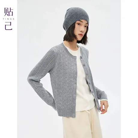 TINGE贴己双色纱撞色绞花假两件针织开衫女秋冬知识分子休闲上衣商品大图
