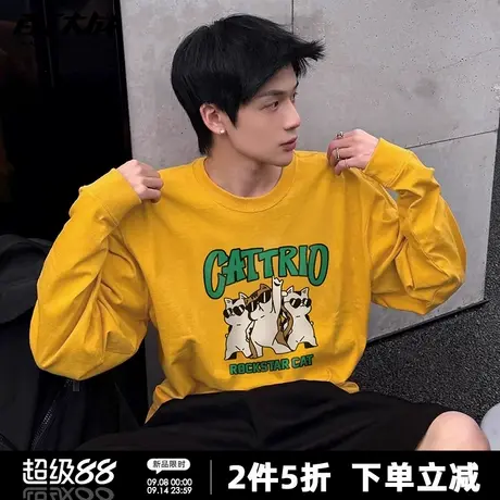 趣味卡通摇滚猫创意印花圆领卫衣男女秋季复古正肩高级感学生外套商品大图