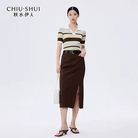 秋水伊人时尚简约条纹翻领针织衫2025年夏季商场同款日常通勤上衣商品大图