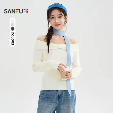 三福毛衣2025冬季蝴蝶结一字肩飘带设计上衣女装508909商品大图