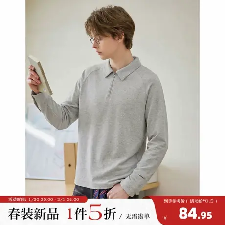 唐狮202春季新款男翻领长袖polo衫灰色半开襟休闲风宽松内搭图片