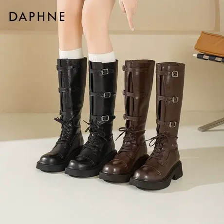 达芙妮厚底长筒靴子女秋冬2025新款棕色长靴美拉德皮带扣骑士靴女商品大图