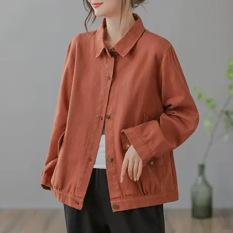dza 复古翻领长袖工装衬衫外套女士春秋新款休闲宽松上衣短款夹克图片