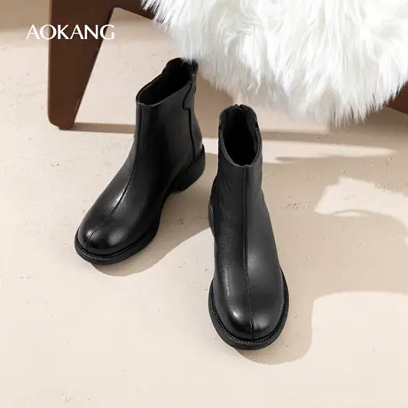 奥康 女鞋2025冬季新款时尚真皮时装靴加绒保暖短靴棉鞋N图片