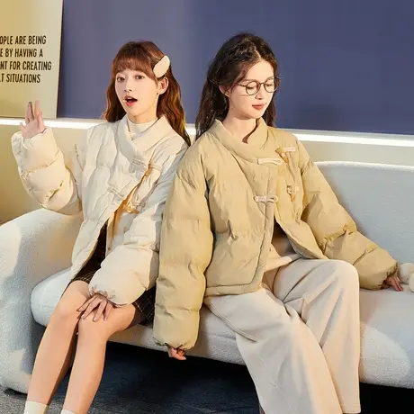 唐狮秋冬新款女立领仿牛角扣新中式棉衣短款小个子保暖棉服潮tu商品大图