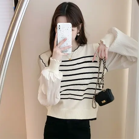 唐狮春秋季条纹马甲拼接假两件针织衫女设计感小众宽松套头上衣TE图片