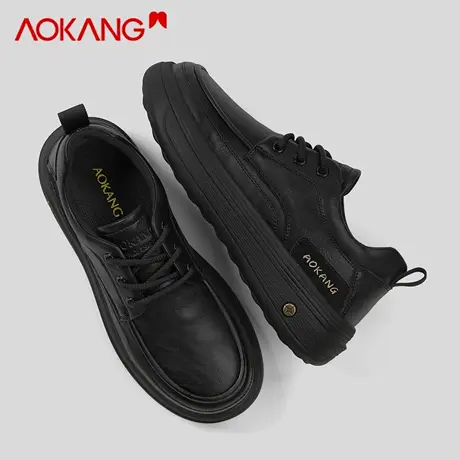 奥康官方正品休闲皮鞋男2026新款春季黑色耐脏增高软底英伦板鞋潮商品大图
