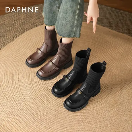 达芙妮瘦瘦靴短靴女2026新款秋冬季弹力袜靴加绒马丁靴棕色粗跟靴商品大图