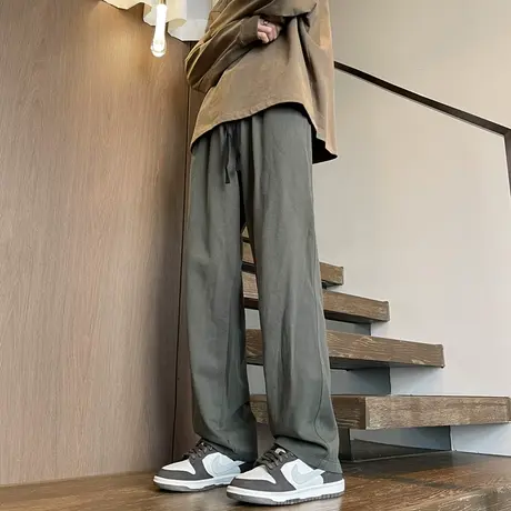 纯棉工装裤子男士2023春秋季新款宽松直筒潮牌军绿色休闲长裤子男商品大图
