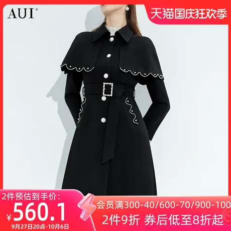 AUI赫本风黑色斗篷披肩外套女冬2023新款高级小众中长款毛呢大衣商品大图