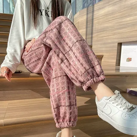粉色毛呢哈伦裤女秋冬格子高腰宽松小个子羊绒加厚呢子束脚灯笼裤商品大图