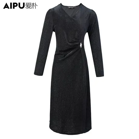 爱朴秋冬时髦大码胖mm高端连衣裙中长款遮肉显瘦打底裙黑色百搭商品大图