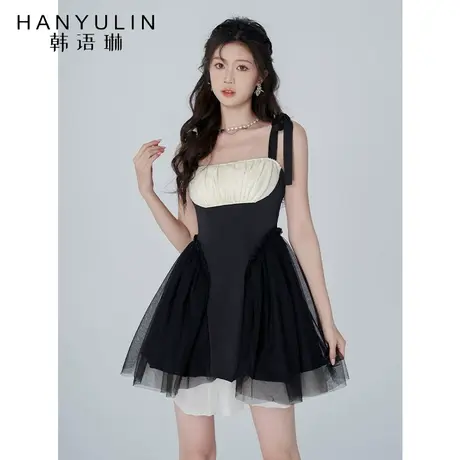 韩语琳黑色吊带连衣裙女夏季高腰方领短裙子2023年新款在逃公主裙商品大图