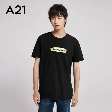 A21outlets男装黑色圆领短袖T恤夏季简约休闲体恤衫纯棉男士上衣图片