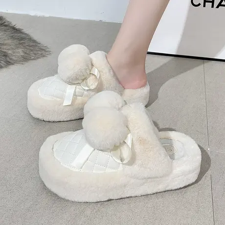 毛毛鞋包头半拖鞋女冬2023新款毛球雪地棉鞋厚底加绒保暖外穿棉拖商品大图