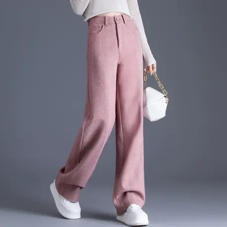 粉色毛呢裤女秋冬季加厚宽松直筒阔腿裤2023年新款裤子呢子休闲裤商品大图