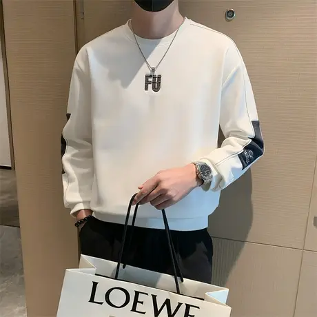 秋冬刺绣拼接设计感潮牌圆领卫衣男2023新款加绒内搭长袖T恤外套图片