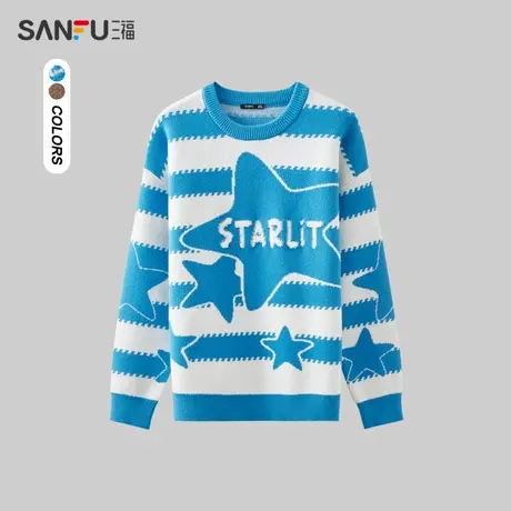 三福2023冬男士星星字母刺绣毛衣 休闲条纹宽松圆领上衣478875商品大图