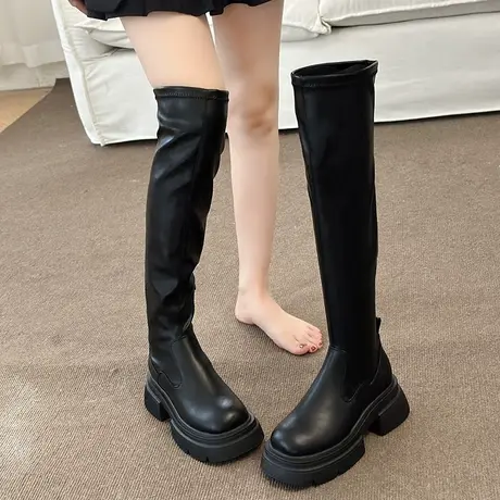 过膝长靴女2023年春秋季新款高级漆皮复古显瘦靴子粗跟黑色骑士靴商品大图