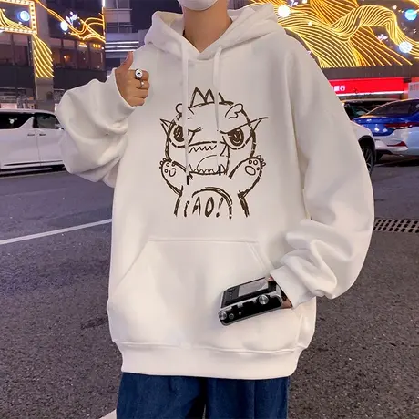 纯棉连帽加绒保暖卫衣男秋冬季2023新款潮牌港风卡通印花宽松外套商品大图