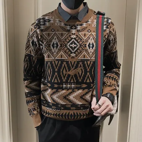 高级感复古民族风提花针织打底衫男秋冬新款拼接假两件衬衫领毛衣商品大图
