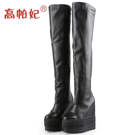 恨天高定制内增高女靴子15cm冬季长筒靴坡跟真皮厚底松糕过膝长靴图片
