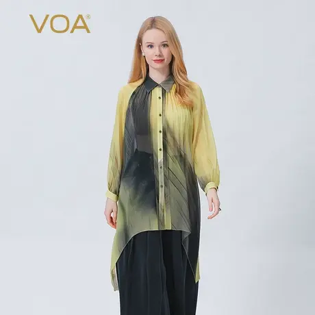 VOA真丝乔其纱渐变POLO领插肩长袖褶皱对丝工艺个性桑蚕丝衬衫商品大图