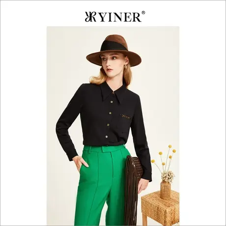 YINER音儿女装冬季复古POLO领纯羊毛衬衫高级感上衣商品大图