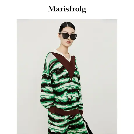 【商场同款】玛丝菲尔毛衣秋季新款polo领撞色拼接长袖花稿针织衫商品大图