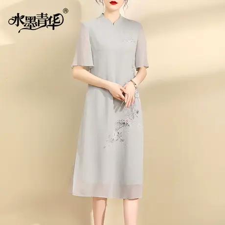 水墨青华2024夏季新品显瘦新中式国风旗袍裙优雅百搭东风纱连衣裙商品大图