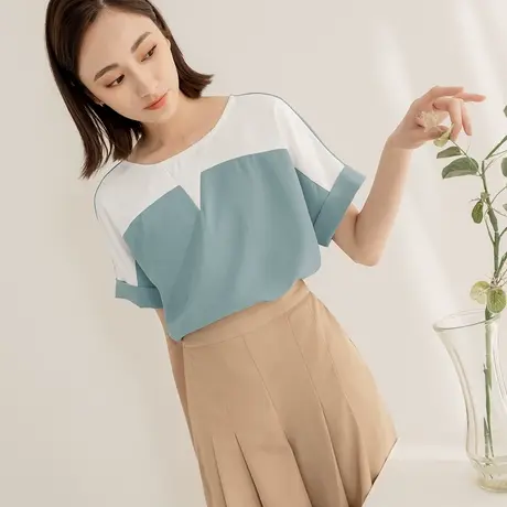 桔熊夏季通勤小众设计感撞色宽松圆领连袖上衣女装大码AB18433商品大图