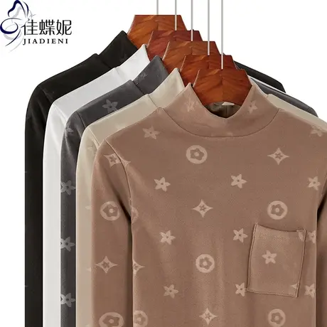 秋冬新款韩版中高领修身印花口袋双面德绒长袖体恤上衣内搭女装商品大图