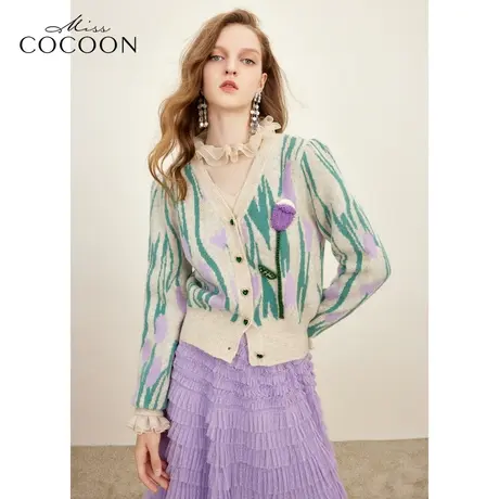 MISSCOCOON气质复古外套2023冬装新款女装ins风花卉图案针织开衫商品大图