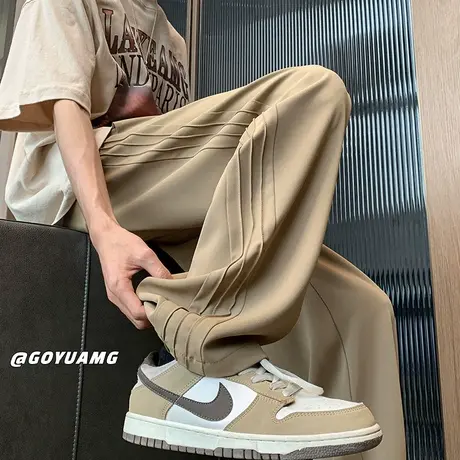 冰丝裤子男夏季薄款褶皱设计感阔腿裤运动美式垂感直筒休闲长裤男商品大图