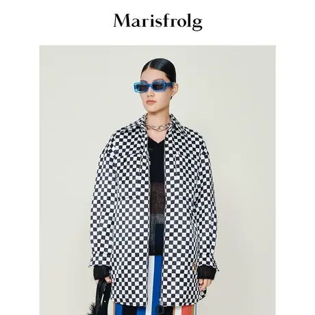 【棋盘格衬衫式外套】玛丝菲尔冬季新款棋盘格真丝廓形宽松短外套商品大图