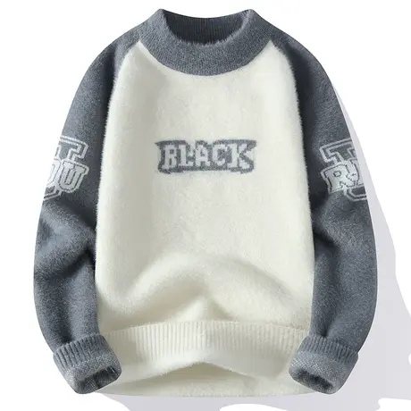 秋冬季撞色加厚保暖毛衣拼色提花字母潮流水貂绒针织衫半高领线衣商品大图