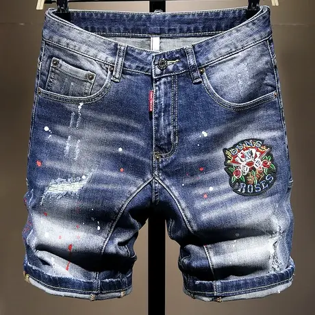 夏季时尚潮牌牛仔短裤男宽松刺绣破洞五分裤男时尚百搭中裤子学生商品大图