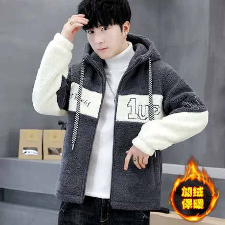 冬季加绒加厚羊羔毛外套男装潮牌连帽保暖棉服个性颗粒绒帅气棉衣图片