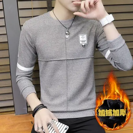 男士长袖T恤2023春秋季男装加绒修身卫衣秋冬韩版上衣潮流打底衫商品大图