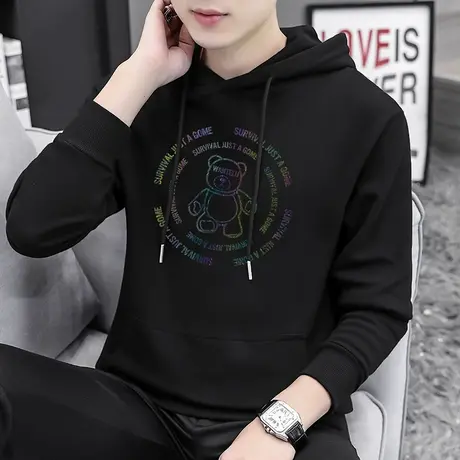 男士卫衣2024新款秋冬季加绒黑色长袖宽松带帽衫潮牌小熊连帽外套商品大图