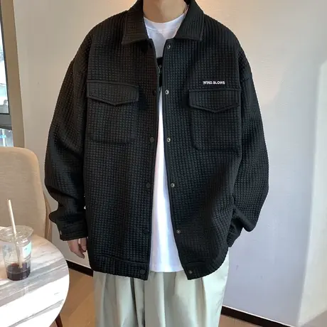 男士外套春秋款休闲帅气华夫格夹克男装秋季新款宽松百搭黑色衣服商品大图