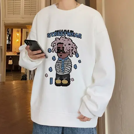 美式圆领卫衣男春秋款潮牌宽松设计感印花长袖t恤男士潮流上衣服商品大图