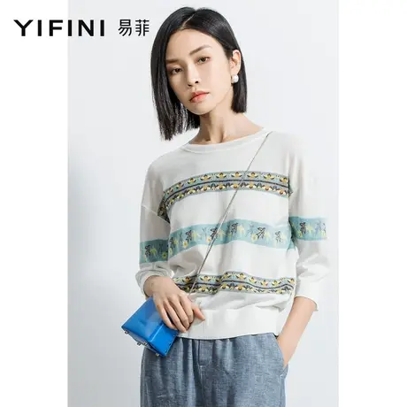 Yifini/易菲宽松短款圆领毛衫女2023春夏新款七分袖条纹针织小衫商品大图