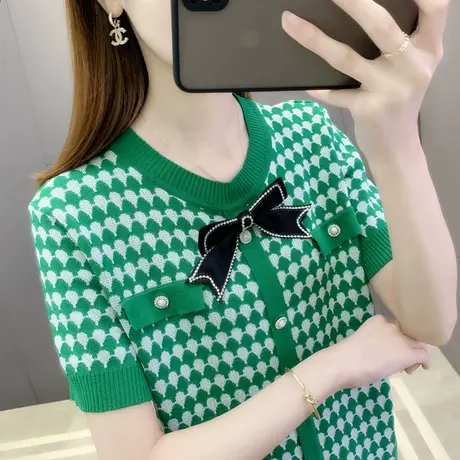 冰丝针织衫女短袖夏季2024新款小香风t恤女蝴蝶结时尚百搭上衣女商品大图