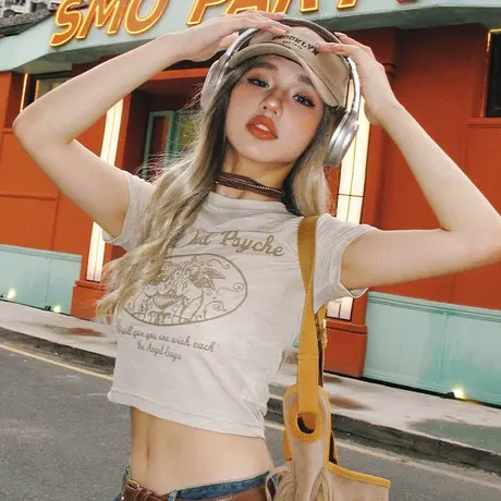 YEP美式复古短袖t恤女款夏季短袖辣妹紧身上衣短款女装潮牌设计感图片